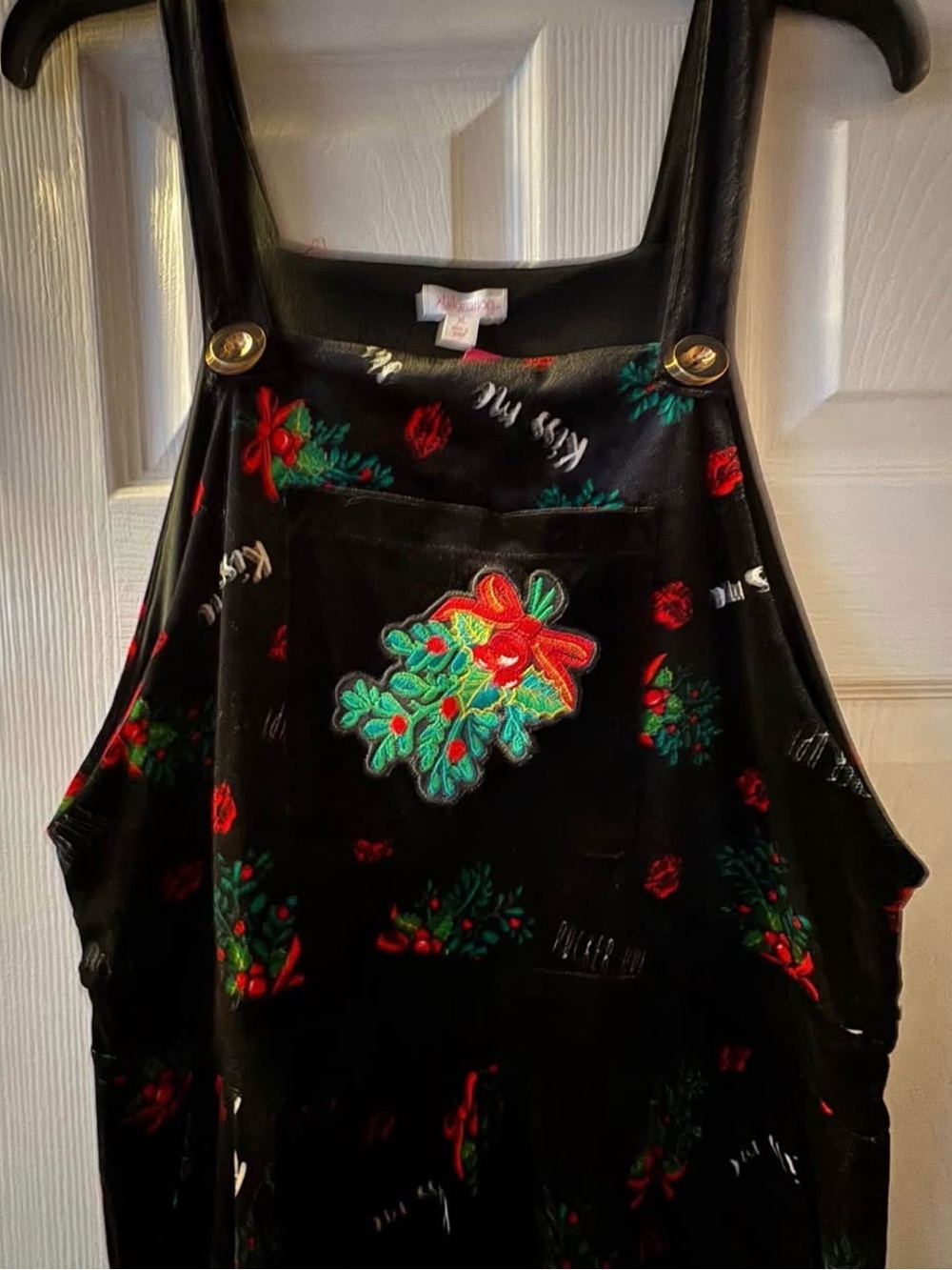 Women’s Festive Black Holiday velvet overalls with Embroidered Mistletoe